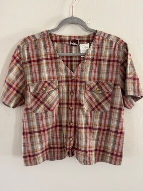 Vintage Red and Cream Plaid Short-Sleeve Button-Front Shirt Cotton Western Farm